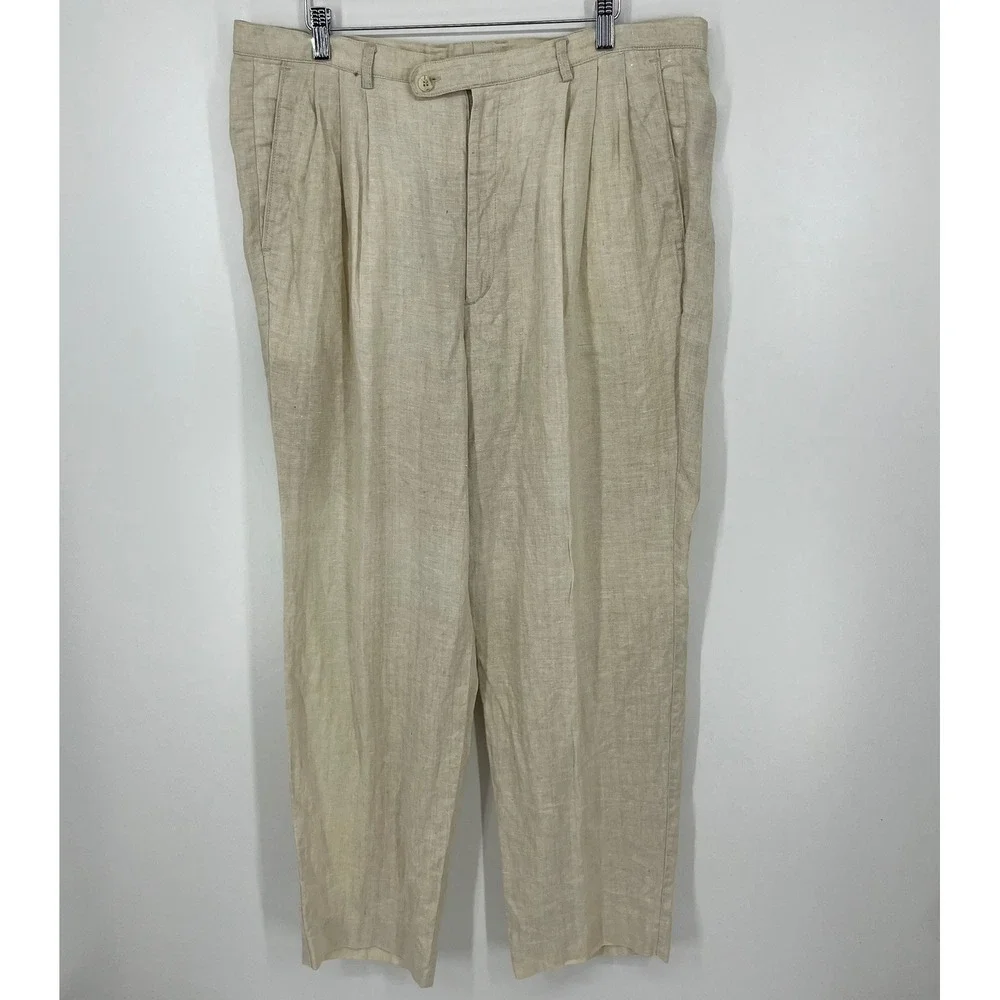 Natural Issue by Feldini Mens Beige 100% Linen Pleated Trousers Size 38x31